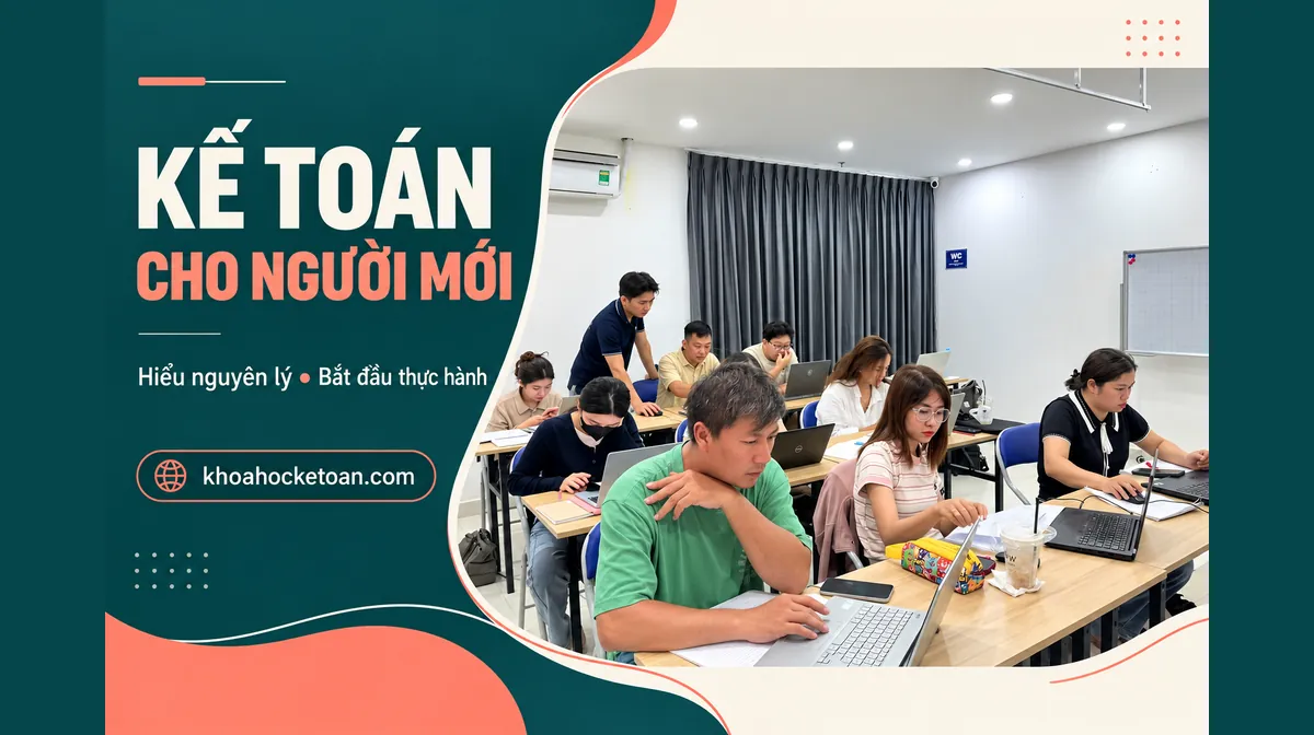 Banner bắt đầu học kế toán từ nền tảng ghép ảnh lớp học kế toán thực tế, học viên thực hành với máy tính.