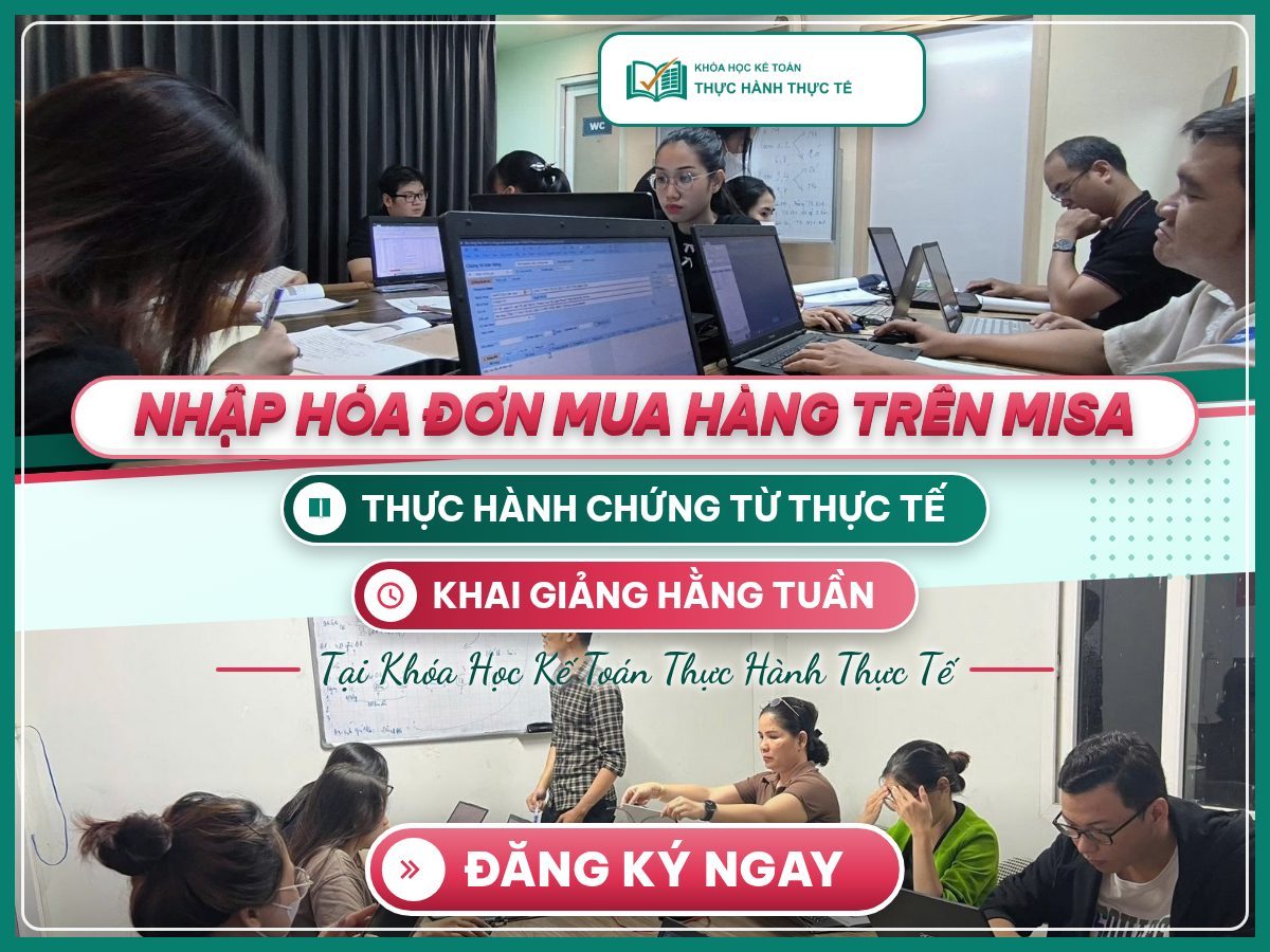 Poster “Nhập hóa đơn mua hàng trên MISA”, cảnh lớp học thật hướng dẫn cách nhập hóa đơn mua hàng trên MISA.