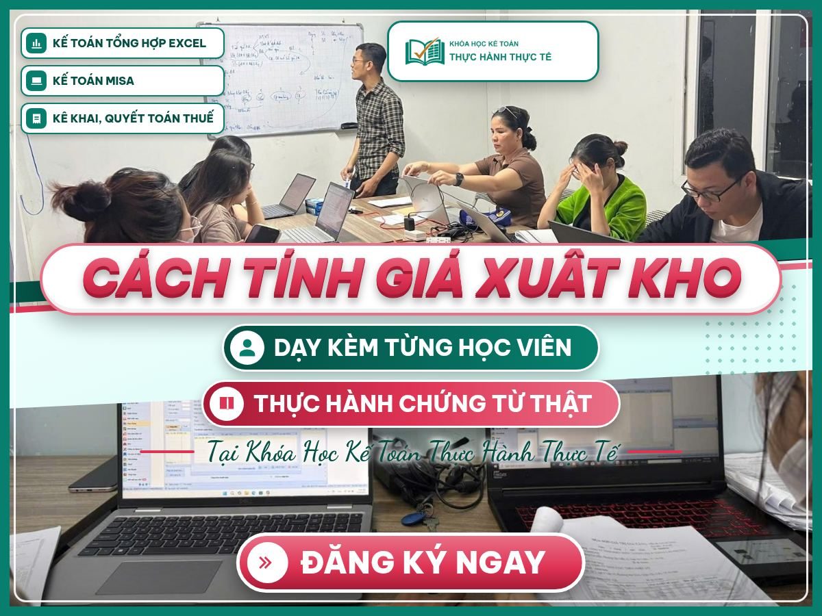 Poster Cách tính giá xuất kho, ảnh lớp học thật có giảng viên hướng dẫn và học viên thực hành phần mềm với chứng từ.