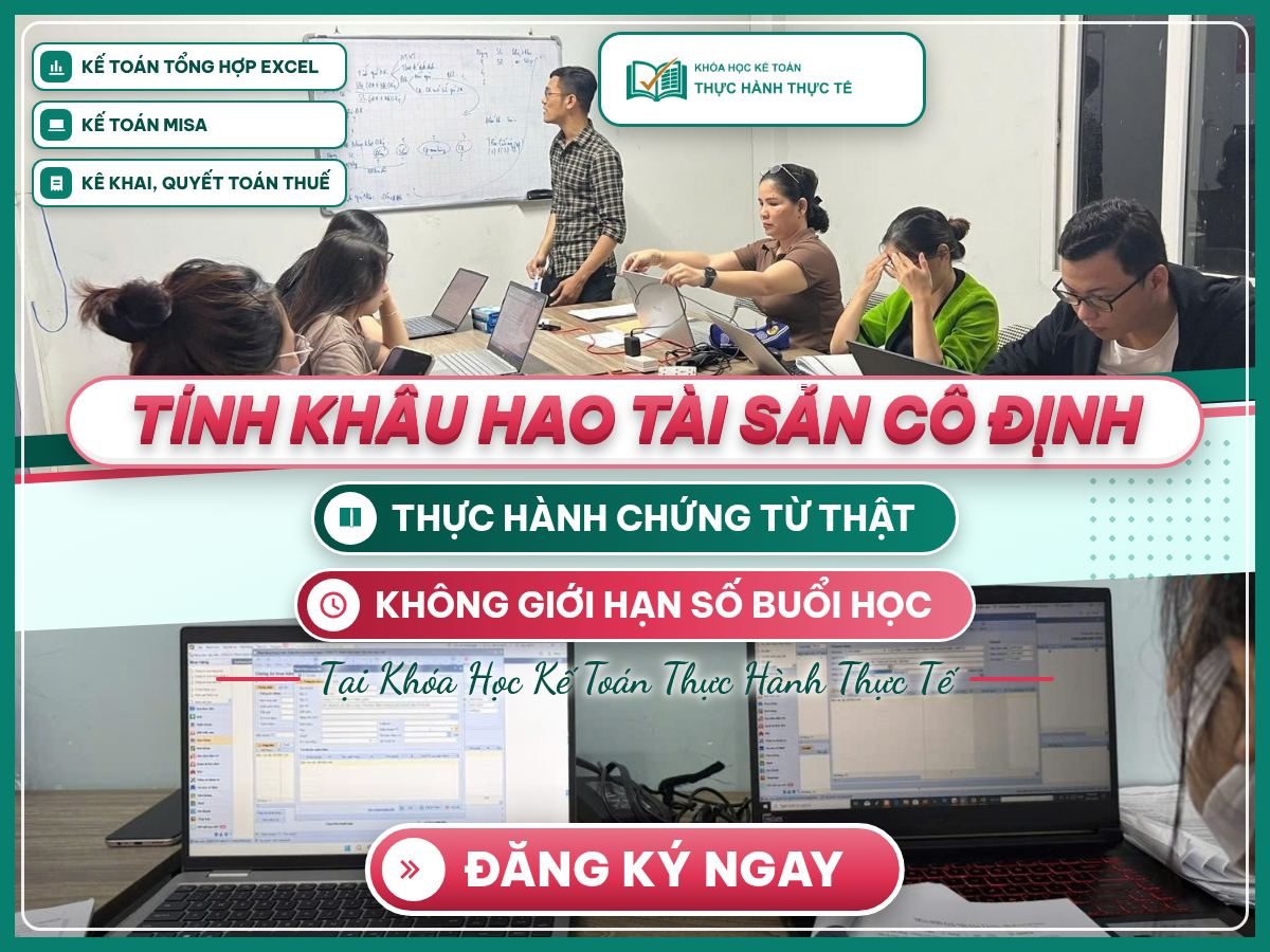 Poster “Tính khấu hao tài sản cố định”, lớp học thật và thực hành phần mềm về cách tính khấu hao tài sản cố định.