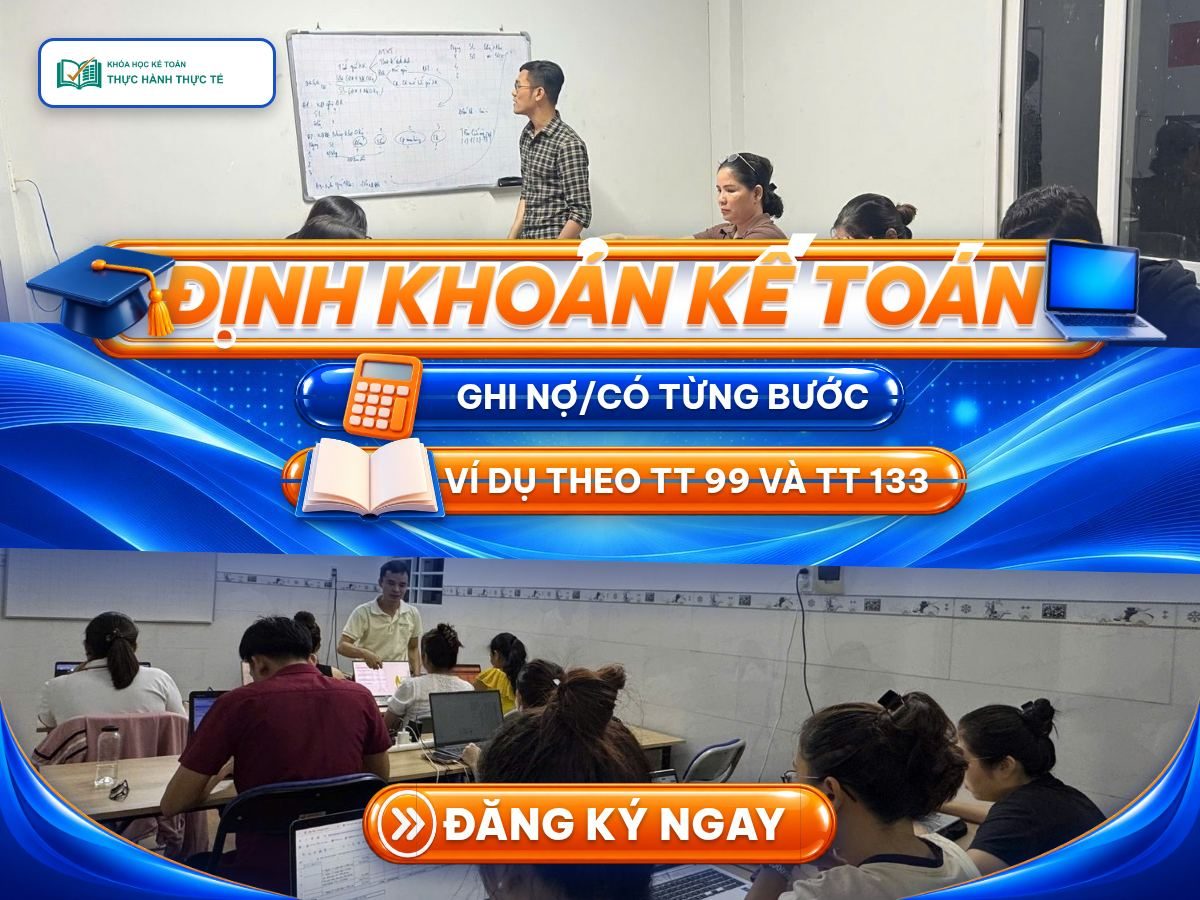 Poster định khoản kế toán với logo Khóa Học Kế Toán Thực Hành Thực Tế và ảnh lớp học kế toán thật: giảng viên hướng dẫn, học viên làm bài trên laptop