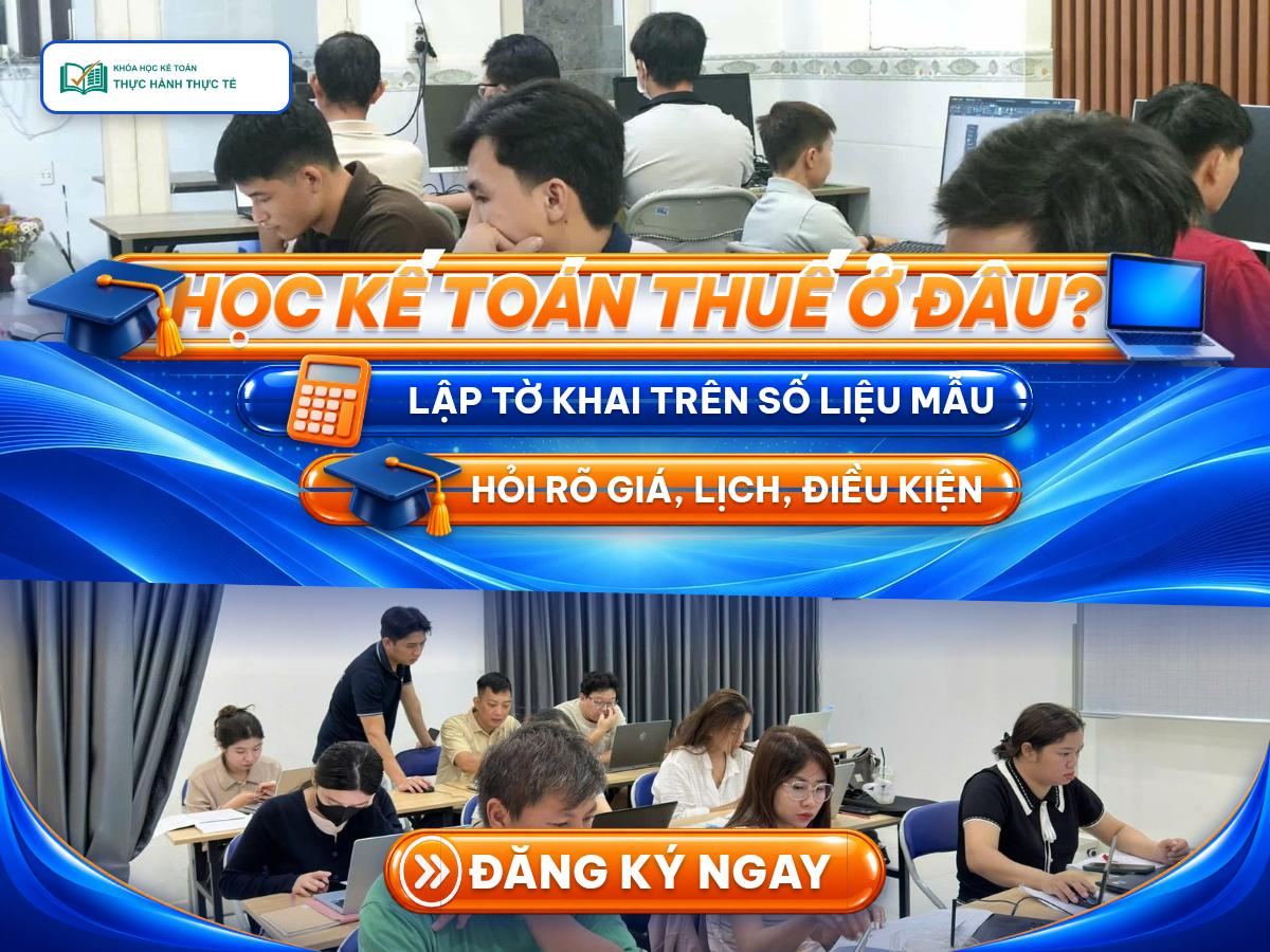Poster học kế toán thuế ở đâu với logo Khóa Học Kế Toán Thực Hành Thực Tế và ảnh lớp học kế toán thật: học viên làm bài trên laptop