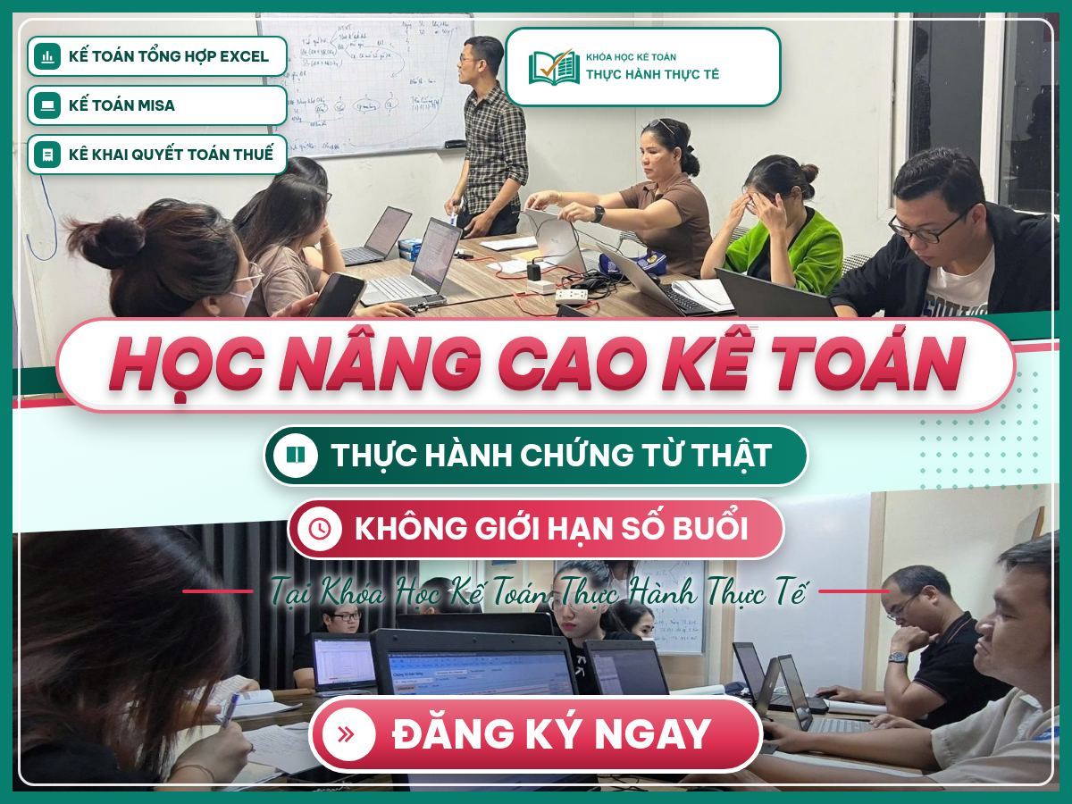 Poster “Học nâng cao kế toán” với giảng viên hướng dẫn và học viên thực hành phần mềm trong lớp học thật.