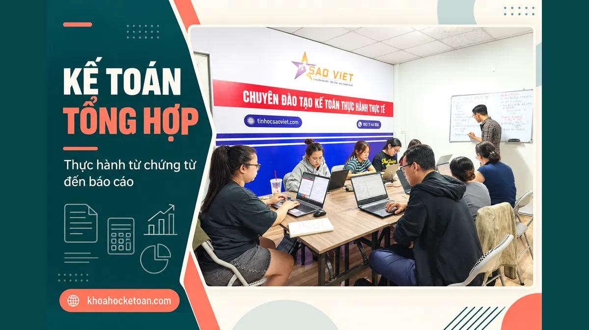 Banner kế toán tổng hợp là gì? ghép ảnh lớp học kế toán thực tế, học viên thực hành với máy tính.
