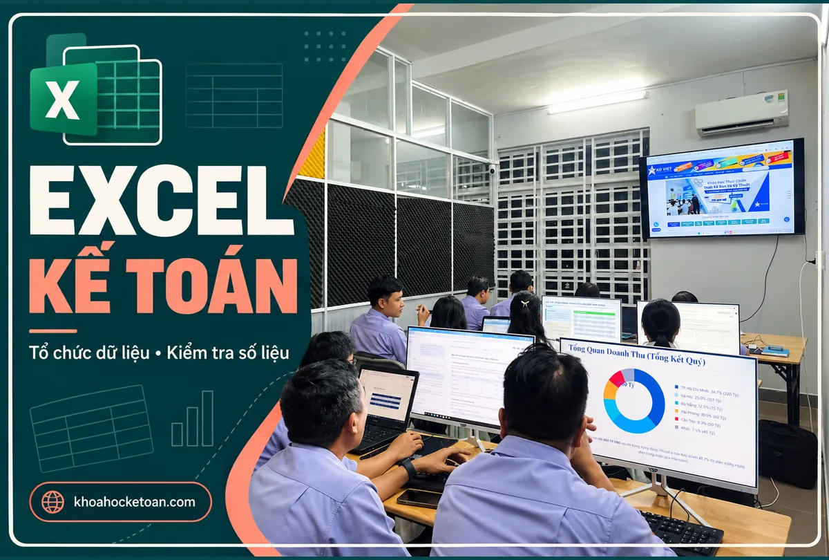 Banner khóa học excel ứng dụng cho kế toán ghép ảnh lớp học kế toán thực tế, học viên thực hành với máy tính.