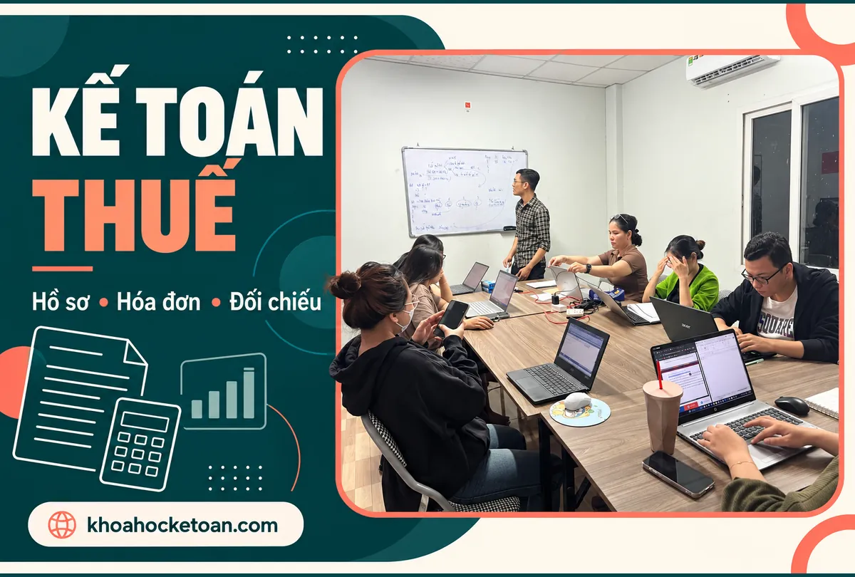 Banner khóa học kế toán thuế thực hành ghép ảnh lớp học kế toán thực tế, học viên thực hành với máy tính.