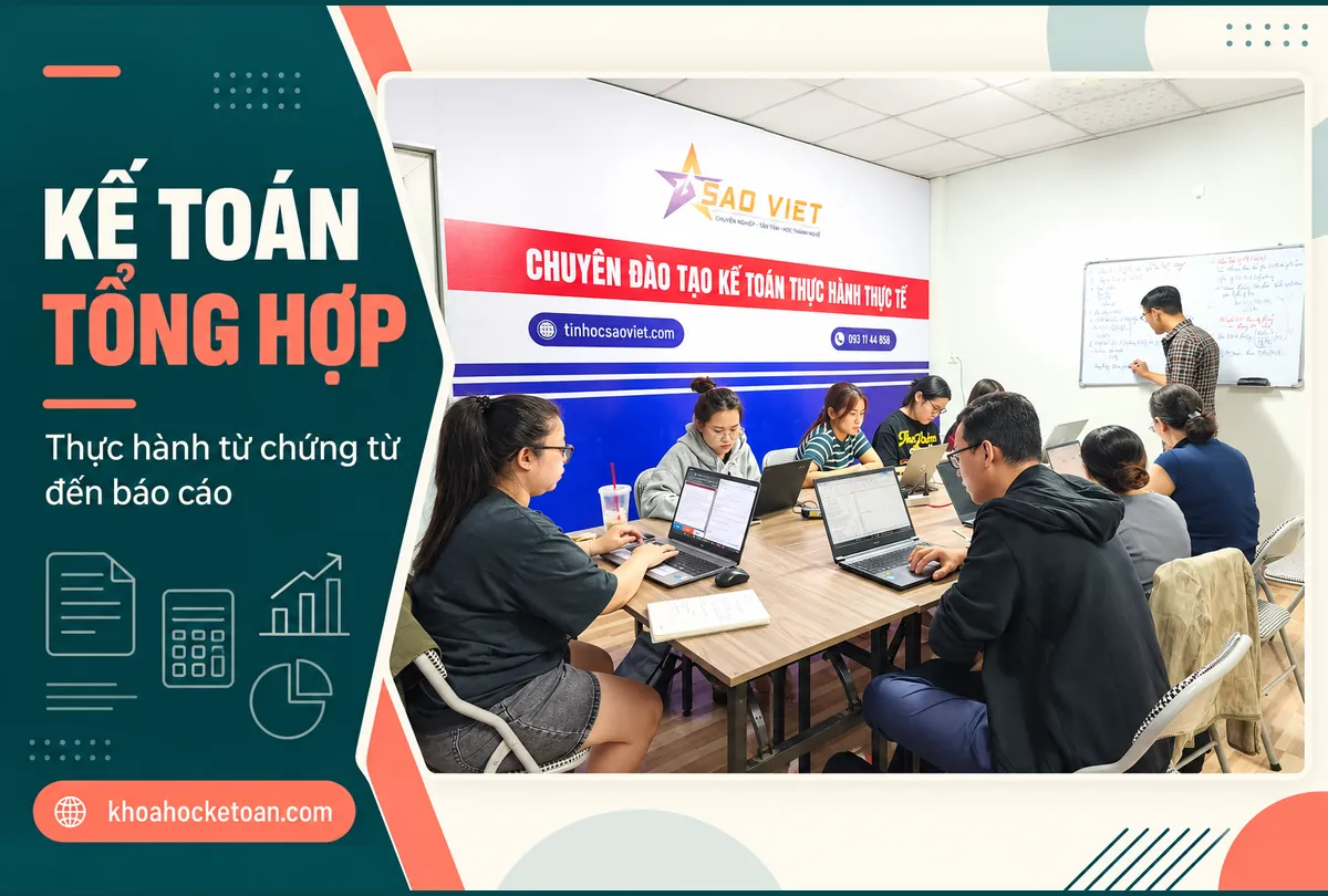 Banner khóa học kế toán tổng hợp thực hành ghép ảnh lớp học kế toán thực tế, học viên thực hành với máy tính.