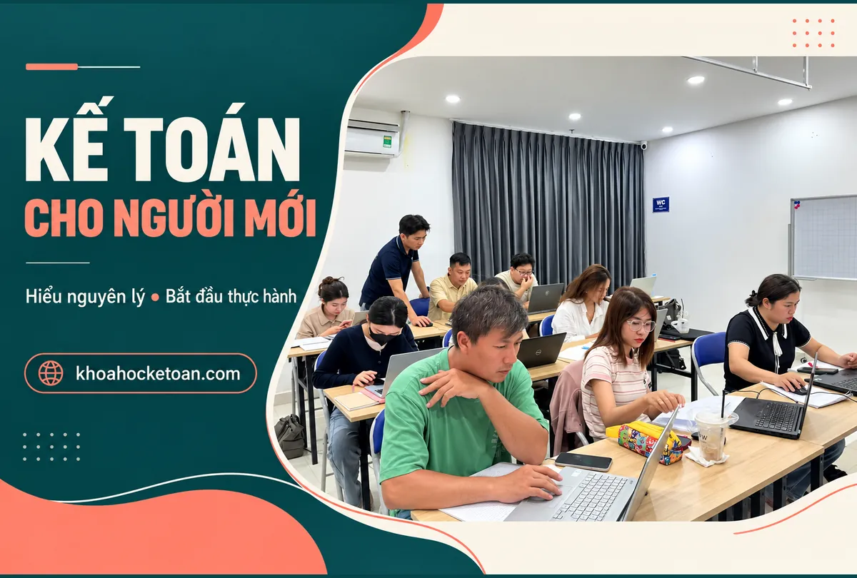 Banner khóa học kế toán cho người mới bắt đầu ghép ảnh lớp học kế toán thực tế, học viên thực hành với máy tính.