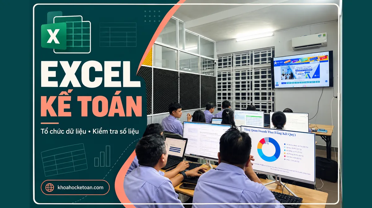 Banner kiểm tra dữ liệu excel kế toán ghép ảnh lớp học kế toán thực tế, học viên thực hành với máy tính.