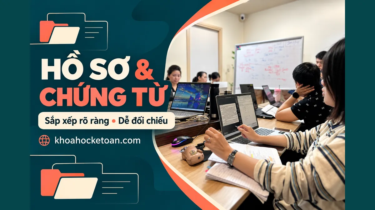 Banner tổ chức tài liệu thực hành kế toán ghép ảnh lớp học kế toán thực tế, học viên thực hành với máy tính.